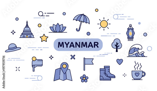 Abstract symbols of myanmar culture and landscape with icons of nature and landmarks