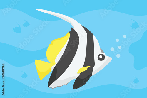 Moorish Idol tropical fish vector illustration on blue background