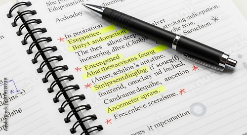 Close-up of a notebook with highlighted text and a pen.