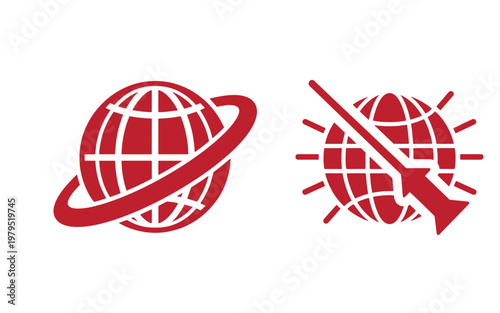 Red globe one with ring and one with crossed clock hand and sun rays