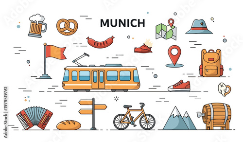 Colorful icons of munich: tram, sausage, map, beer, and mountain adventure