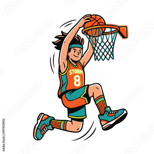 Teenage boy dunking basketball hoop.