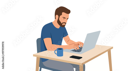 Man working on laptop at desk with coffee