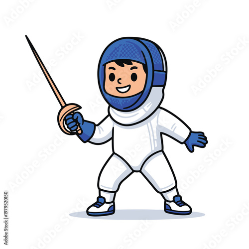 Cartoon child fencer in action pose.