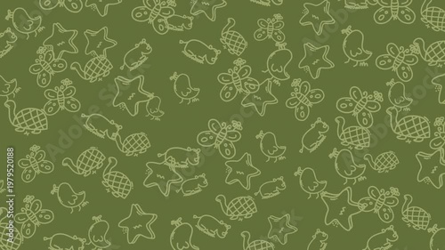 Seamless looping animation of cute doodle animals in playful pattern style. Ideal for kids backgrounds, nursery design, educational content, and creative projects with soft motion