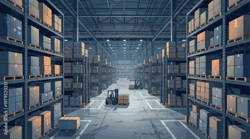 An illustration of a large warehouse interior filled with tall shelves stacked high with cardboard boxes and a forklift moving goods.