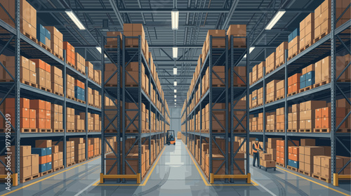 Interior view of a large warehouse with high shelves stacked with cardboard boxes and pallets, illuminated by fluorescent lights, showing a forklift and worker.