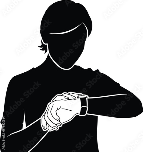 Person checking wristwatch silhouette, time management and punctuality concept, looking at watch, minimal black and white illustration for schedule, deadline and lifestyle design