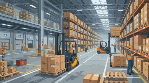 Diverse warehouse workers in protective gear operate forklifts and scan inventory amidst towering shelves filled with cardboard boxes, illustrating logistics and supply chain operations.