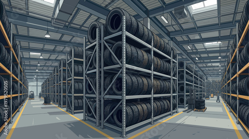 Rows of stacked tires fill an industrial warehouse with high shelves and organized storage, featuring a utilitarian and spacious feel.