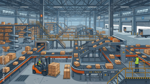 A busy warehouse scene with an extensive conveyor belt system moving cardboard boxes, a forklift in operation, and workers overseeing logistics, highlighting efficient supply chain operations.