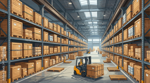 A wide view of a large, organized warehouse filled with stacked wooden crates and boxes, with a forklift moving a pallet and workers attending to cargo, suggesting logistics and storage operations.