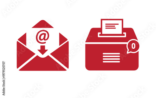 Red of email and printer on white background, with notification symbols envelope