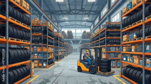 A cartoon style illustration depicts a man in a safety vest driving a forklift through a large warehouse filled with stacked tires and boxes.