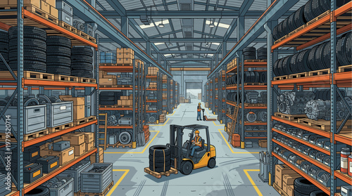 A forklift driver moves tires in a vast, organized warehouse filled with shelves of spare parts and automotive components.