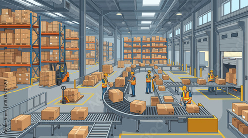 A busy cartoon warehouse scene with workers moving boxes on conveyor belts and forklifts, showcasing logistics and distribution operations.