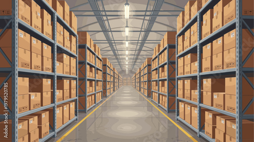 A long, clean warehouse aisle stretches into the distance, lined with tall metal shelves packed with identical cardboard boxes.