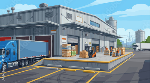 A busy loading dock area outside a modern warehouse features trucks, pallets of boxes, and a forklift operated by a worker under a clear blue sky.