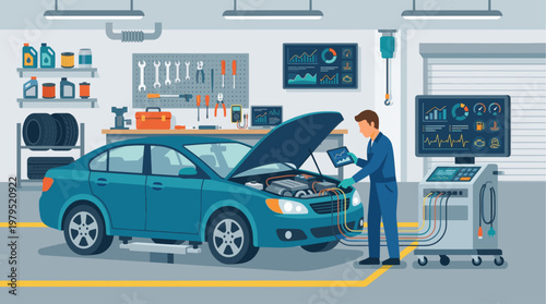 A flat design illustration of a male mechanic in a blue uniform using a tablet to diagnose a car's engine in a clean garage setting with tools and diagnostic equipment.