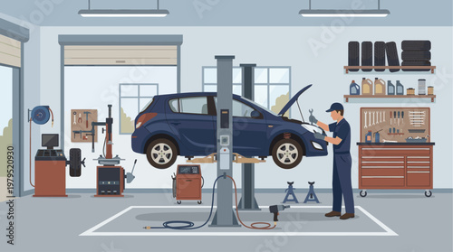 A male mechanic in uniform inspects a car's engine in a clean, well-equipped auto repair shop.