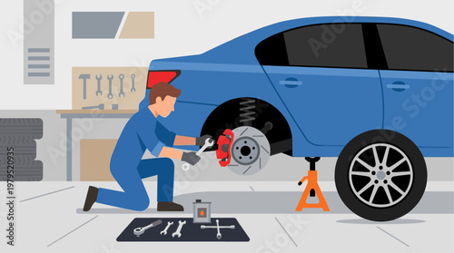 A mechanic wearing blue overalls and gloves kneels to work on a car's red brake caliper with a wrench, surrounded by tools and spare tires in a garage.