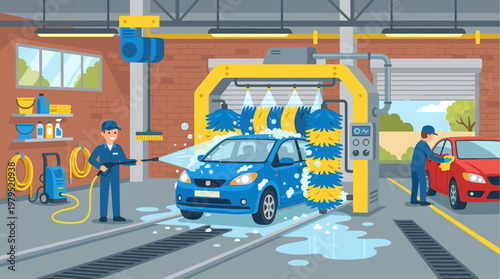 Two workers in uniform are shown washing cars at a car wash station, one using a pressure washer and the other drying a car with a cloth.