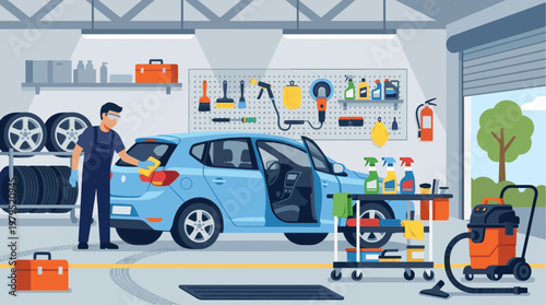A male auto mechanic in a garage meticulously cleans a blue car, surrounded by car washing supplies, tools, and tires, creating a sense of diligence and professional service.