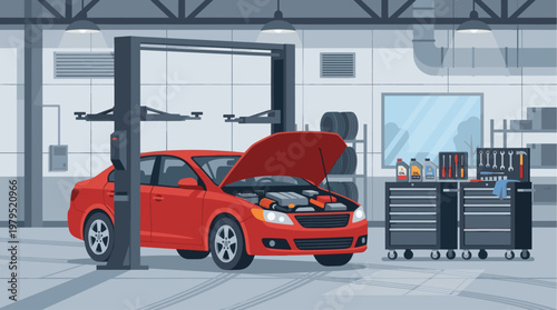 A red car with its hood open is parked on a lift in a clean, well-lit auto repair shop, ready for maintenance.