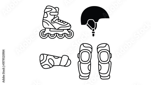 Skating Essentials: Depicting a set of skating equipment, this minimalist illustration showcases a roller skate, a protective helmet, and crucial pads for a safe and enjoyable skating experience.