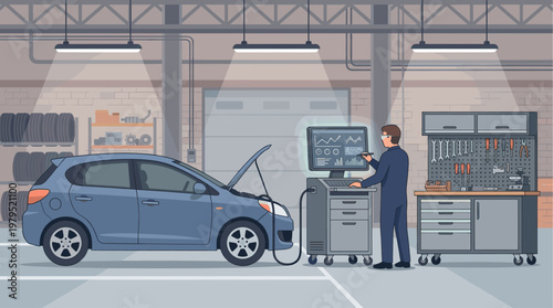 A mechanic uses a diagnostic computer to check a car in a well-lit garage with tools and spare tires visible.