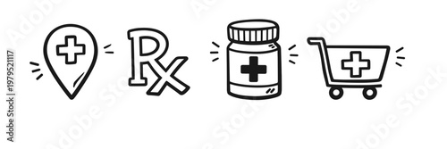 Medical icons: pharmacy, prescription, medicine, shopping cart symbols