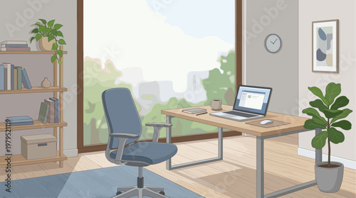 A light-filled, modern home office with a laptop, coffee, books, and plants, offering a peaceful and productive atmosphere.