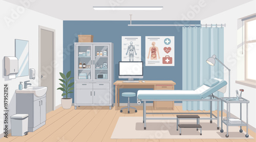 A clean, modern doctor's office examination room is depicted in a bright, airy illustration, featuring a patient examination table, medical charts, and a sink area.