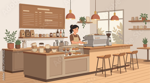 A smiling woman barista in an apron prepares a coffee drink behind a cafe counter filled with pastries, cups, and coffee equipment.