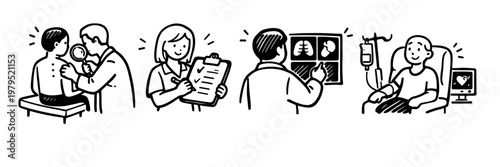 Healthcare process: examination, diagnosis, treatment - medical illustrations