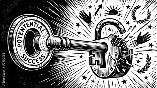 Unlocking Success and Potential with a Vintage Key Opening a Decorative Lock