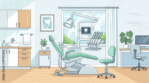 A clean and modern dental operatory featuring a comfortable examination chair, advanced equipment, and natural light from a large window.