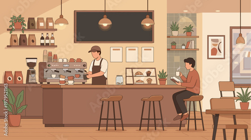 A cozy coffee shop scene with a barista preparing a drink behind the counter while a customer sits at a bar stool, reading a book and enjoying a beverage.