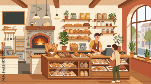 A friendly baker in an apron serves a customer inside a warm, inviting bakery filled with fresh bread, croissants, and cakes.