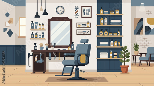 A modern, minimalist barber shop interior featuring a barber chair, mirror, grooming products, and shelves stocked with towels and lotions, exuding a clean and professional atmosphere.