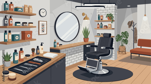 A clean and modern barber shop interior, featuring a barber chair, mirror, shelves with products, and waiting area, suggesting style and grooming services.