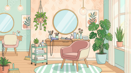 A charming, illustrated interior of a hair salon featuring a comfortable chair, a vanity with styling tools, plants, and natural light, creating a welcoming and relaxed atmosphere.