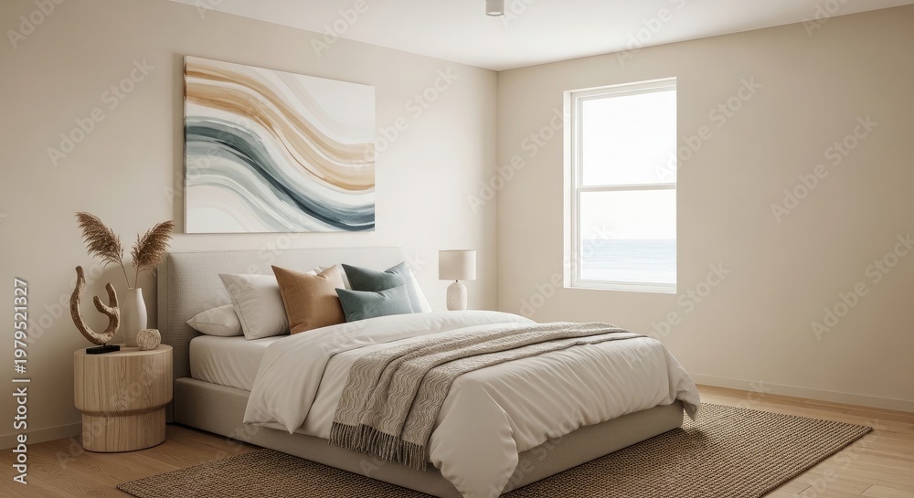Fototapeta premium Serene coastal bedroom design relaxing beach house style with neutral tones and natural textures