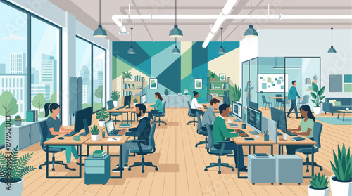 A diverse group of professionals collaborate and work on computers in a bright, modern open-plan office with large windows and city views.