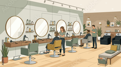 A modern hair salon interior with clients and stylists working, featuring stations, mirrors, and comfortable seating, creating a welcoming and professional atmosphere.