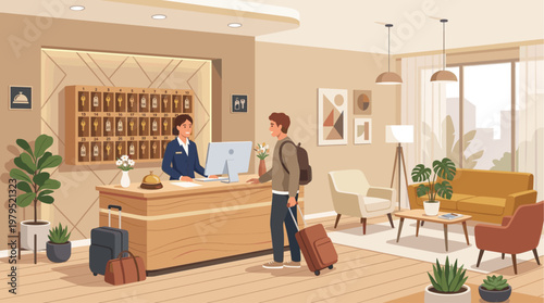 A smiling hotel receptionist in a blue uniform interacts with a young man with a backpack checking in at a warm, modern hotel lobby with a key rack and seating area.