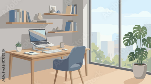 A modern minimalist home office with a wooden desk, laptop, chair, and potted plant next to a large window offering a city view.