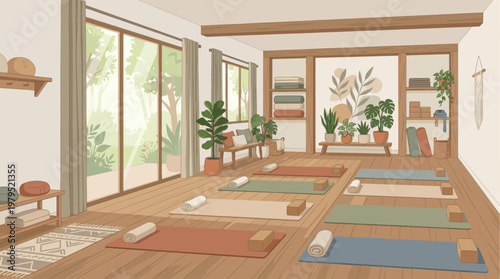 A calm and inviting illustration of a yoga studio filled with natural light from large windows, featuring mats, props, plants, and wooden beams.