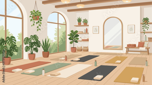 A modern, minimalist yoga studio features clean wooden floors, large arched windows, and an assortment of lush green plants, creating a serene and inviting atmosphere for practice.
