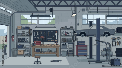 A detailed illustration of a fully equipped automotive repair garage with tools, car lift, and car undergoing maintenance, perfect for repair, service, or maintenance concepts.
